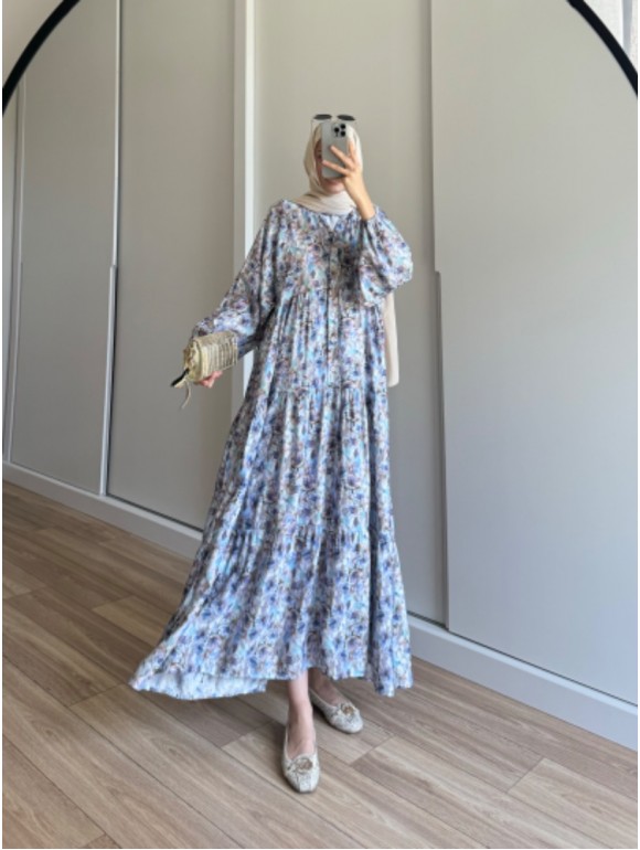 ISABEL DESENLİ ELBİSE MAVİ